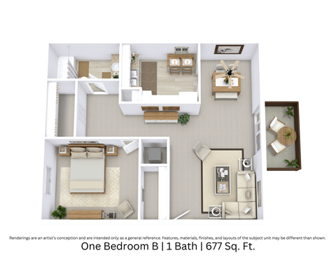 Floor plan for 1 bed, 1 bath, 677 sqft